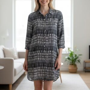 BROADWAY & BROOME 100% silk charcoal/cream abstract geometric shirt dress sz xs